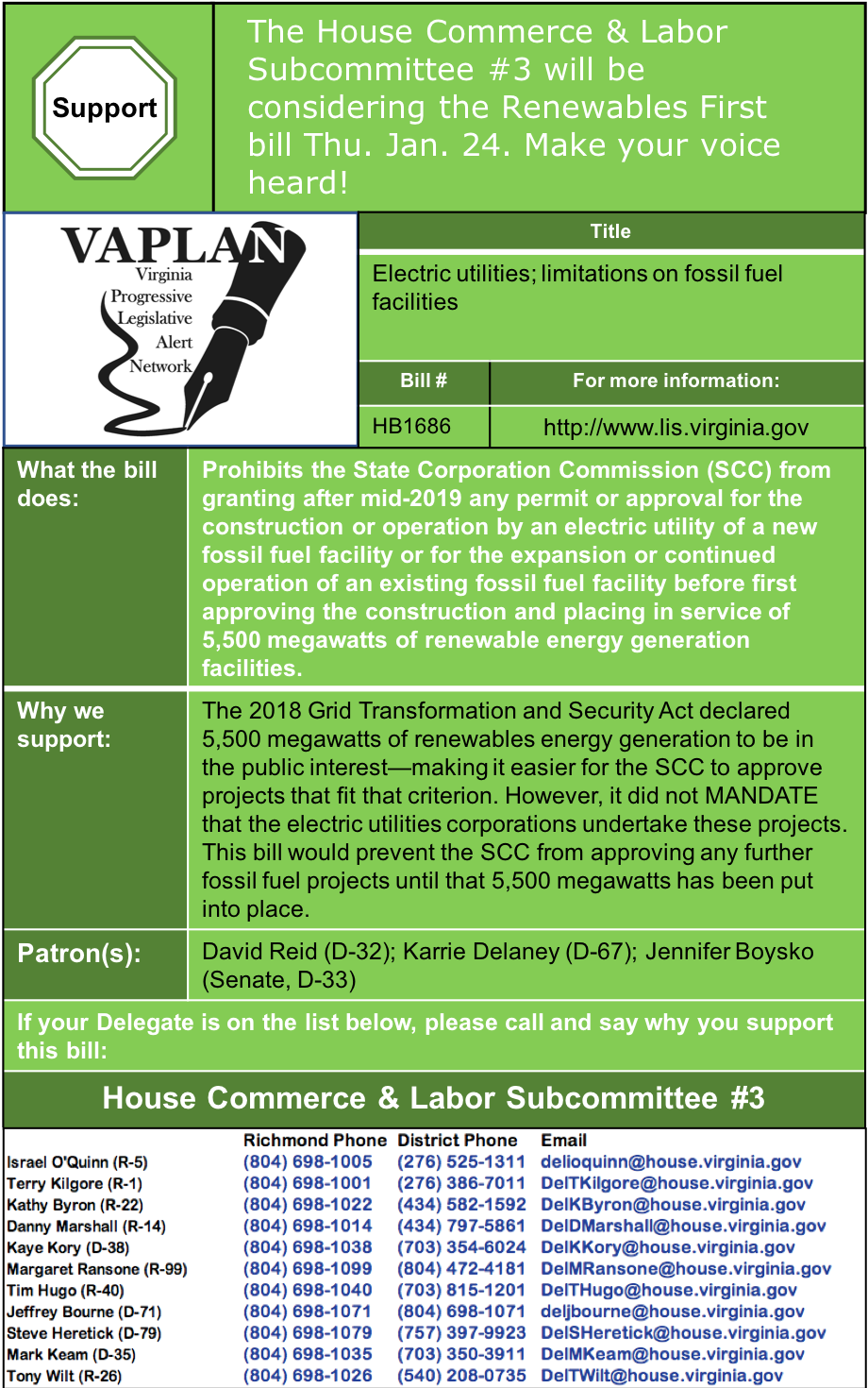 ALERT: Renewables First bill to be heard in House Commerce & Labor Subcommittee #3 Thu. Jan. 24.