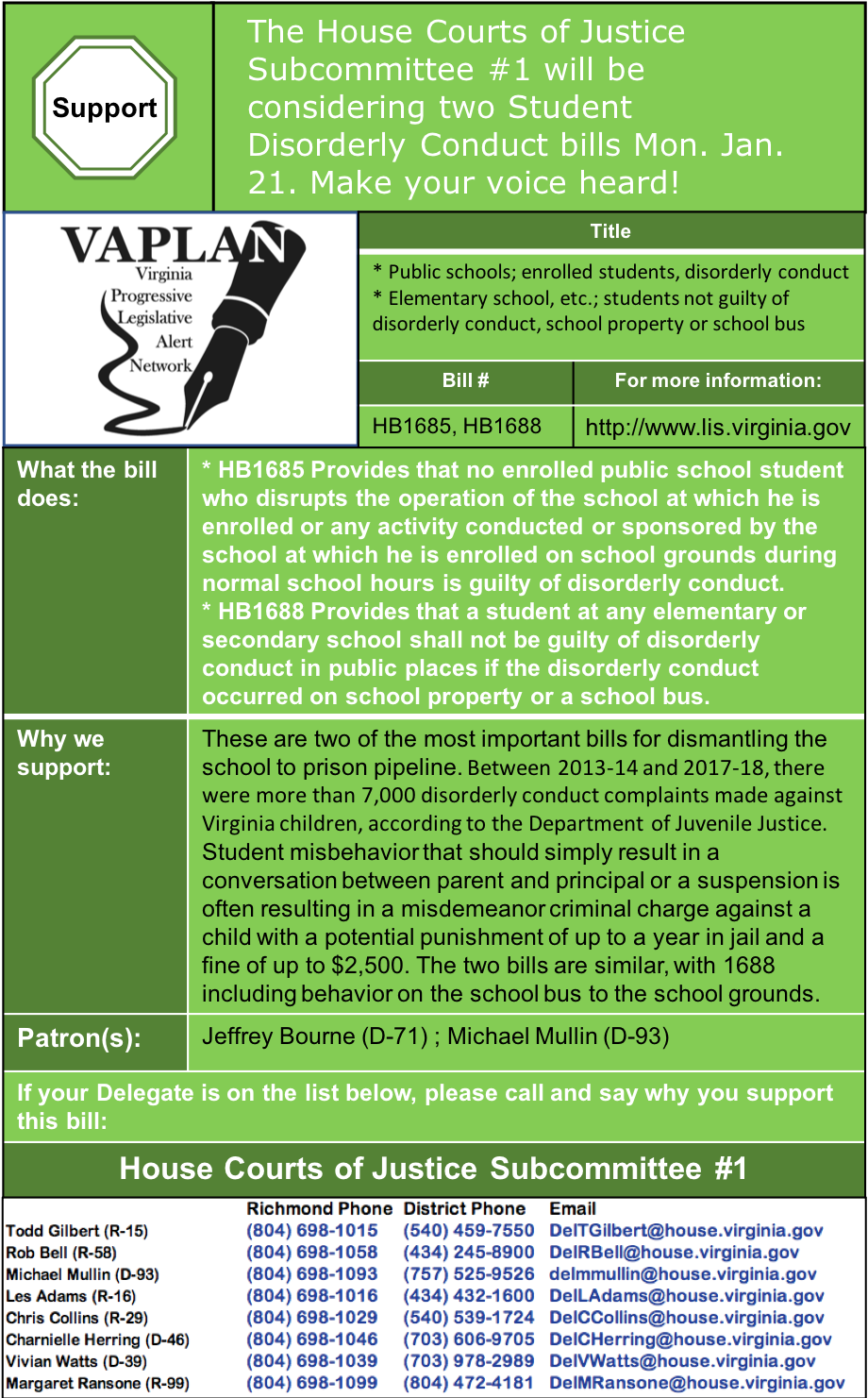 ALERT: Two important school to prison pipeline bills in House Courts of Justice Subcommittee #1 Monday Jan. 21!