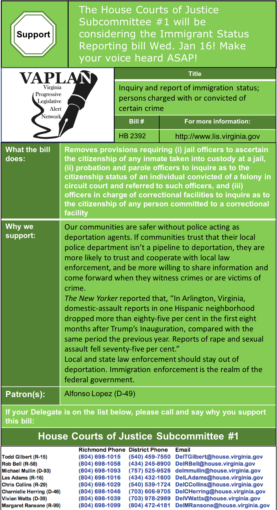 ALERT: Call House Courts of Justice Subcommittee #1 ASAP for HB2392 to end requiring collecting citizen information of those in custody.