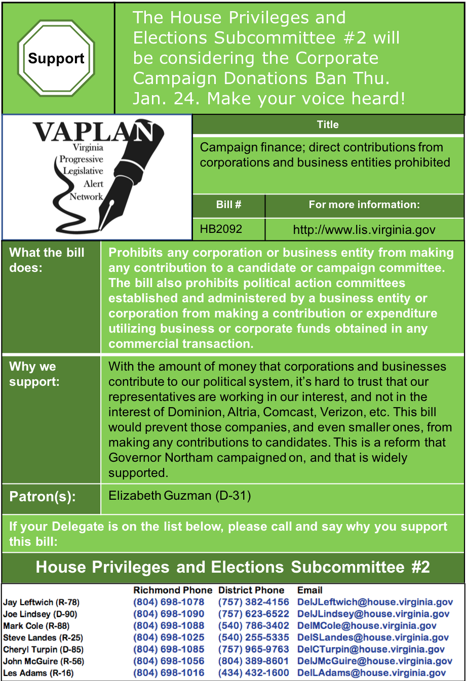 ALERT: Ban Corporate Campaign Contributions in House Privileges and Elections Subcommittee #2 Thu. Jan. 24!