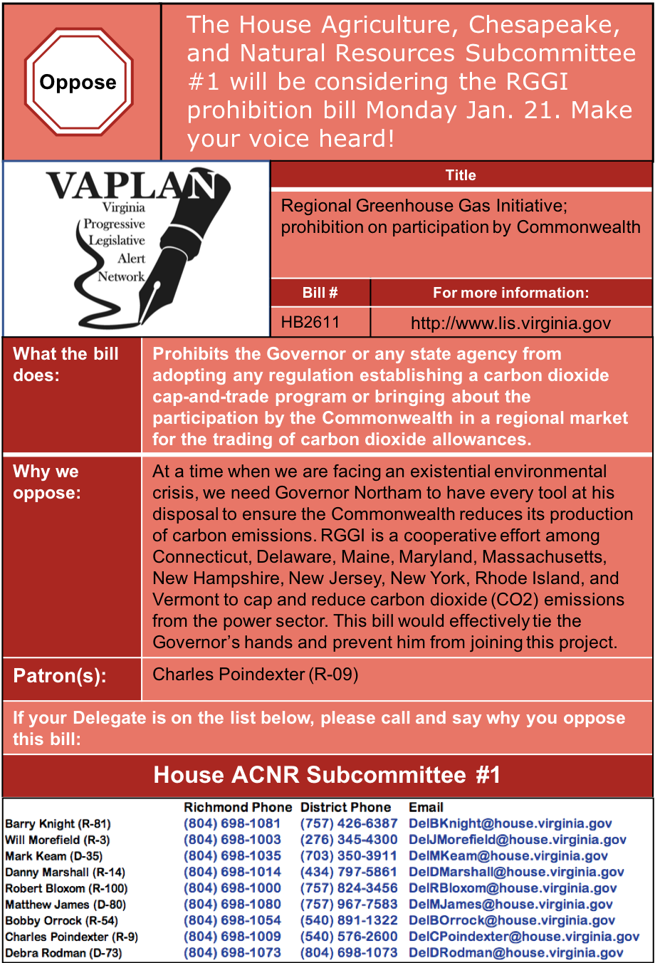 ALERT: Don’t prohibit Governor Northam from joining RGGI, contact House Agriculture, Chesapeake, and Natural Resources Subcommittee #1 by Mon. Jan. 21.
