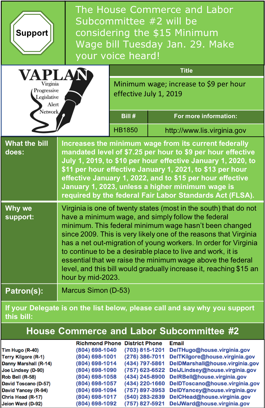 ALERT: $15 minimum wage bill being heard in House Commerce & Labor Subcommittee #2 Tuesday Jan. 29!