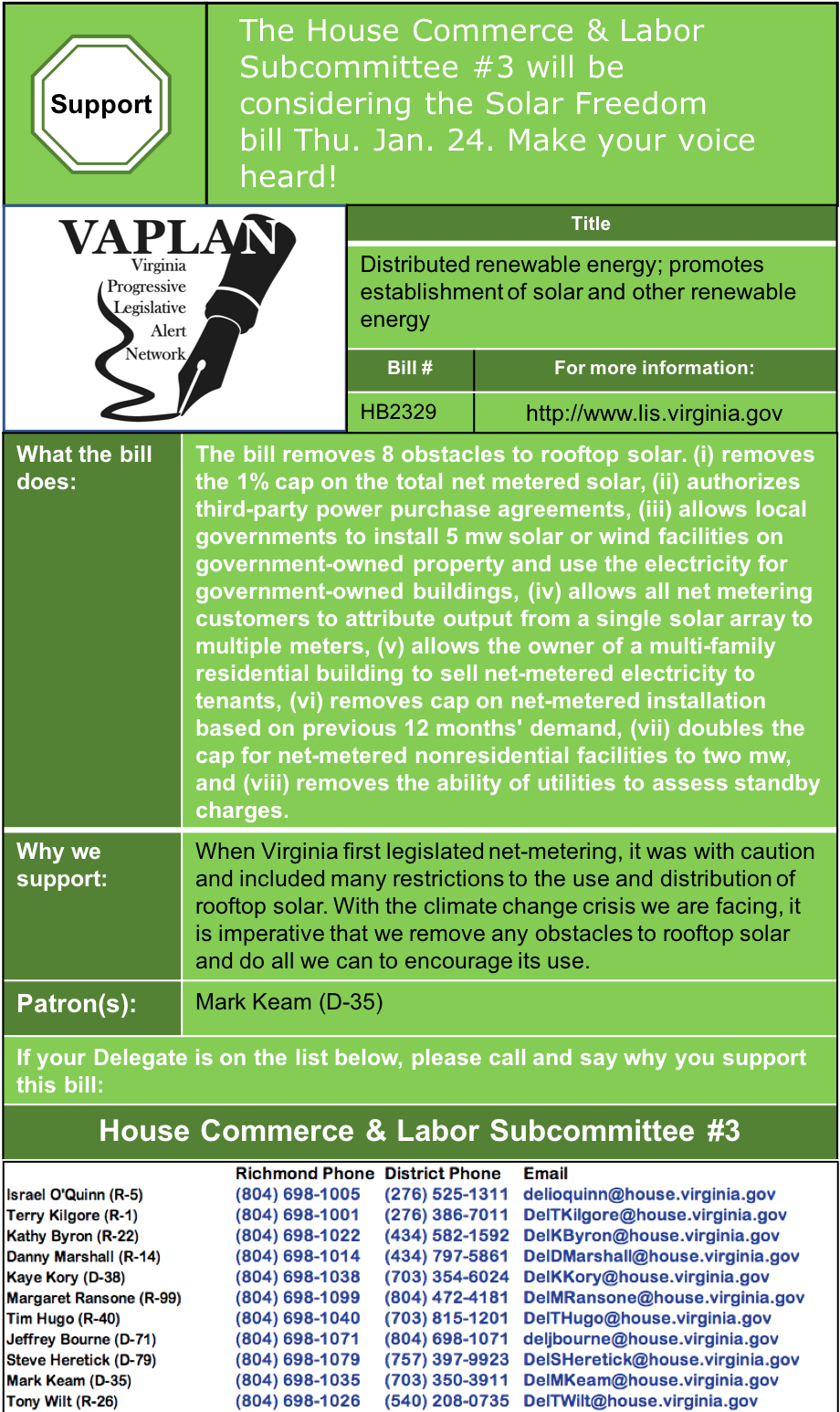ALERT: Solar Freedom Bill in House Commerce & Labor Subcommittee #3 Thursday afternoon, Jan. 24