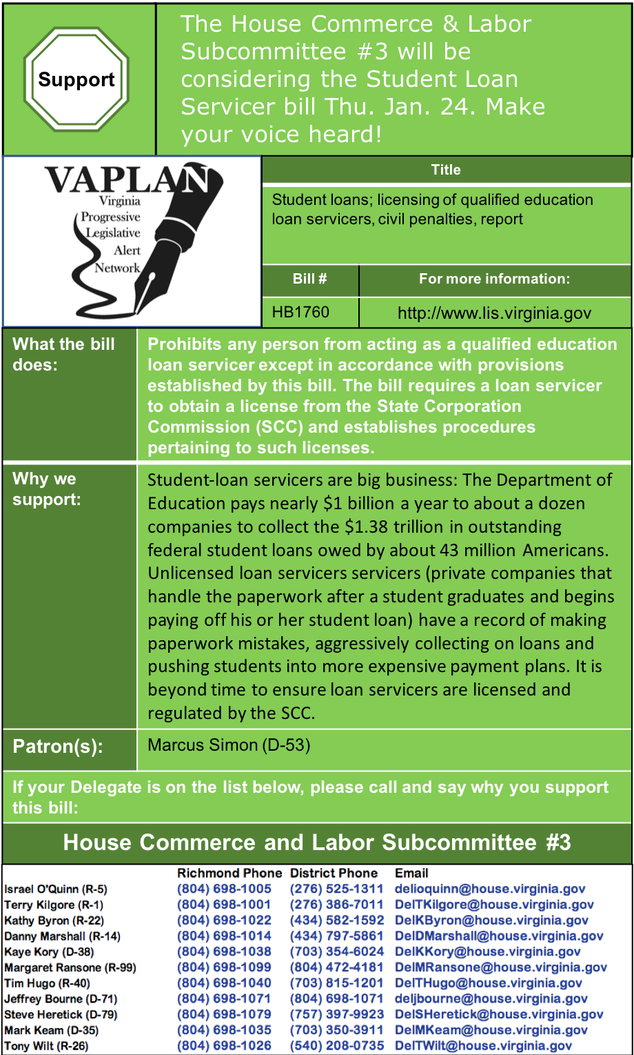 ALERT: Support licensing and regulating student loan servicers in House Commerce & Labor Subcommittee #3 Thu. Jan. 24