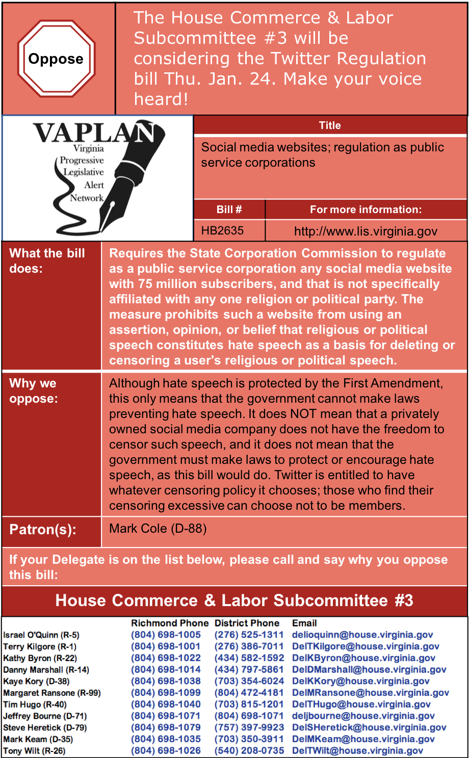 ALERT: Oppose Twitter Regulation in House Commerce & Labor Subcommittee #3 Thu. Jan. 24.