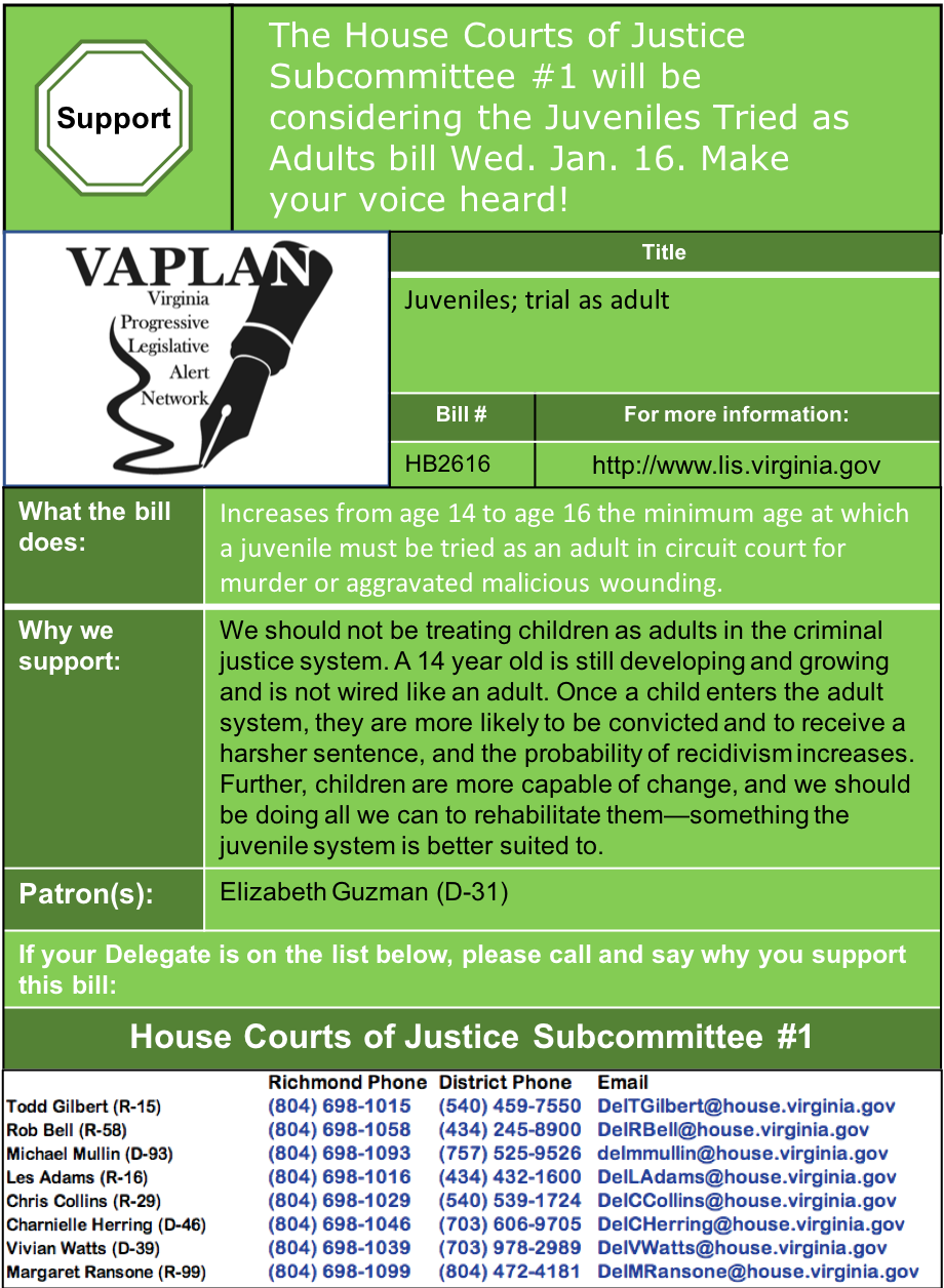 ALERT: Call House Courts of Justice Subcommittee #1 to raise age at which someone is tried as an adult to 16
