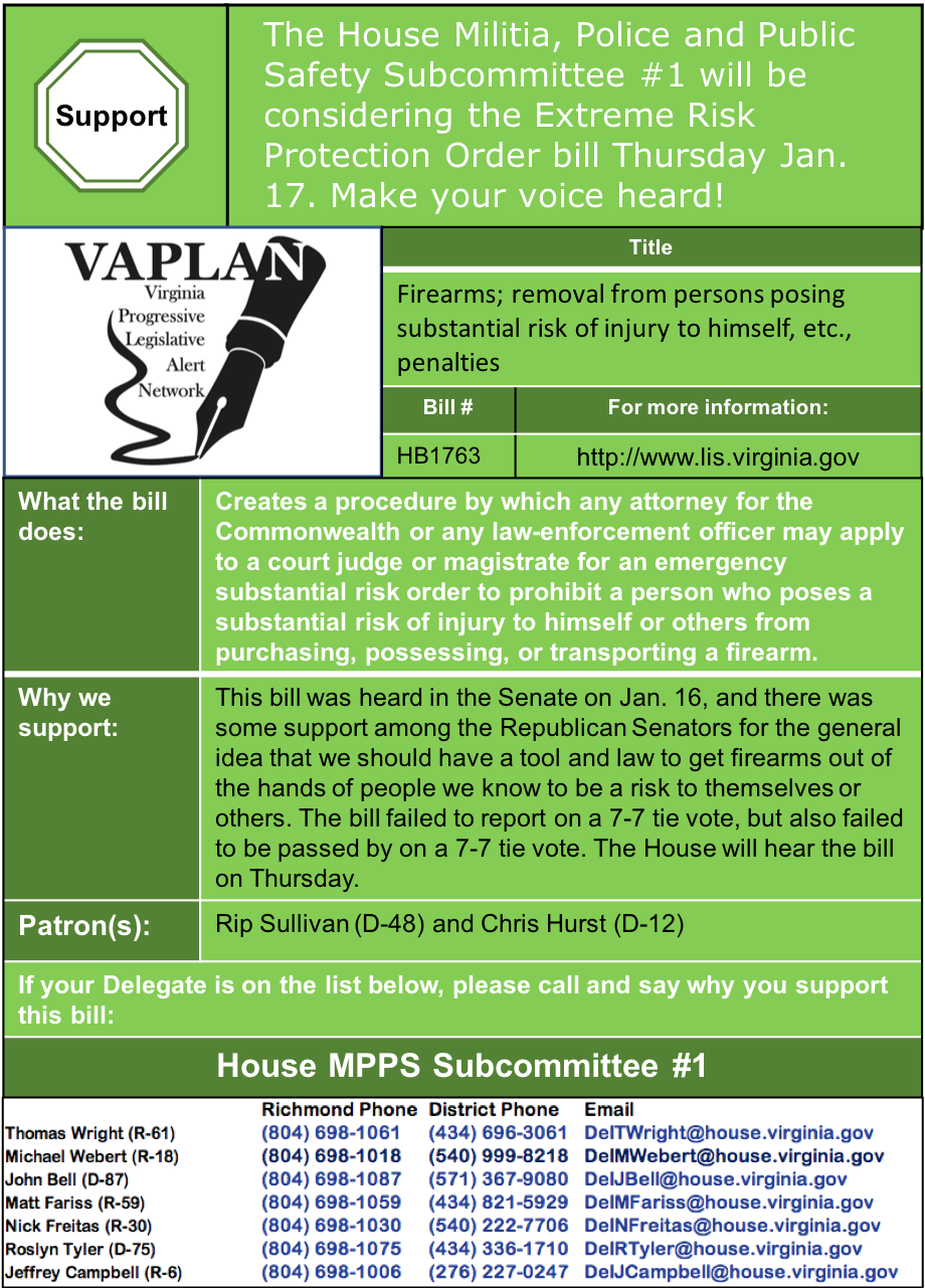ALERT: Support Extreme Risk Protection Order in House MPPS Subcommittee #1 Thursday Jan. 17