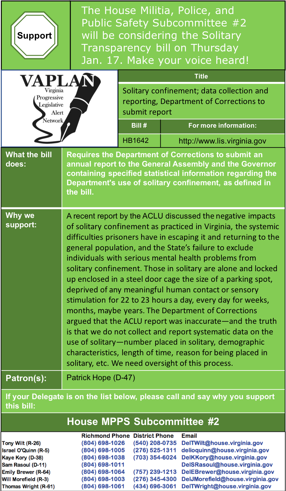 ALERT: Support Solitary Confinement Transparency in House MPPS Subcommittee 2 Thursday Jan. 17!