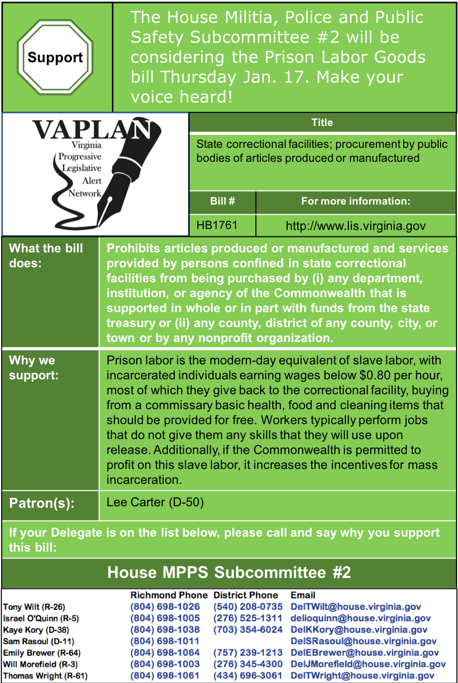 ALERT: Stop Using Prison Labor, House MPPS #2 Thursday Jan. 17