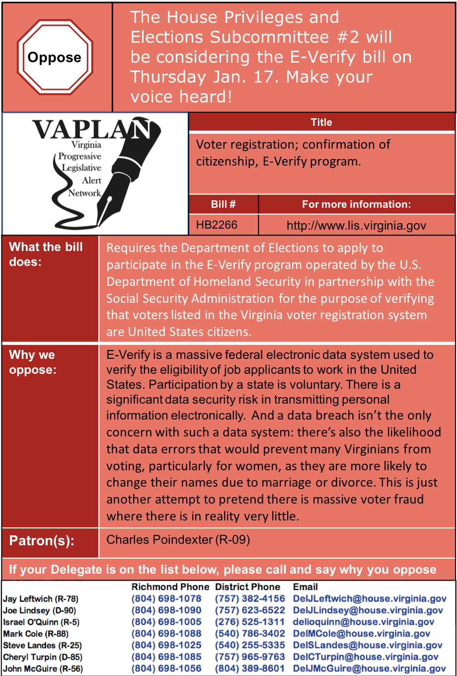 ALERT: Oppose E-Verify Voting bill in House Privileges and Elections Subcommittee #2 Jan. 17