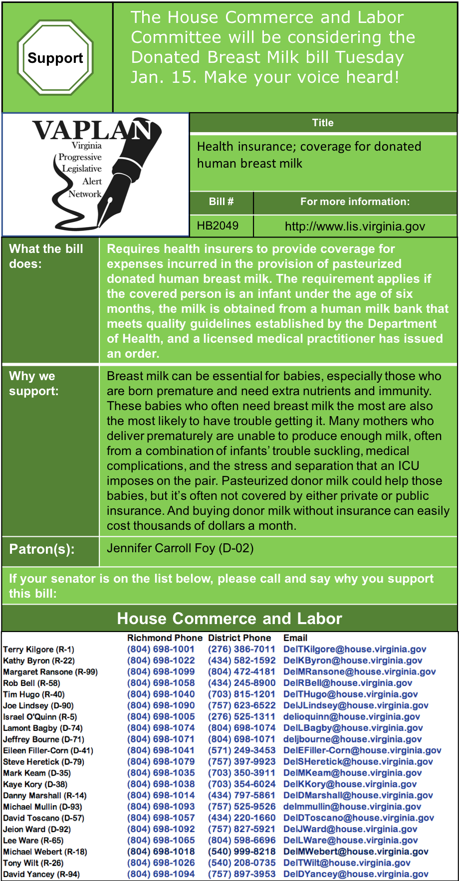 ALERT: Support insurance coverage for donated breast milk in House Commerce and Labor Tuesday Jan. 15