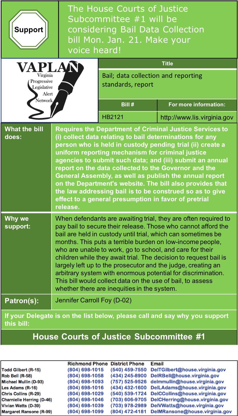 ALERT: Bill to require collecting data on bail in House Courts of Justice Subcommittee #1 Monday Jan. 21.
