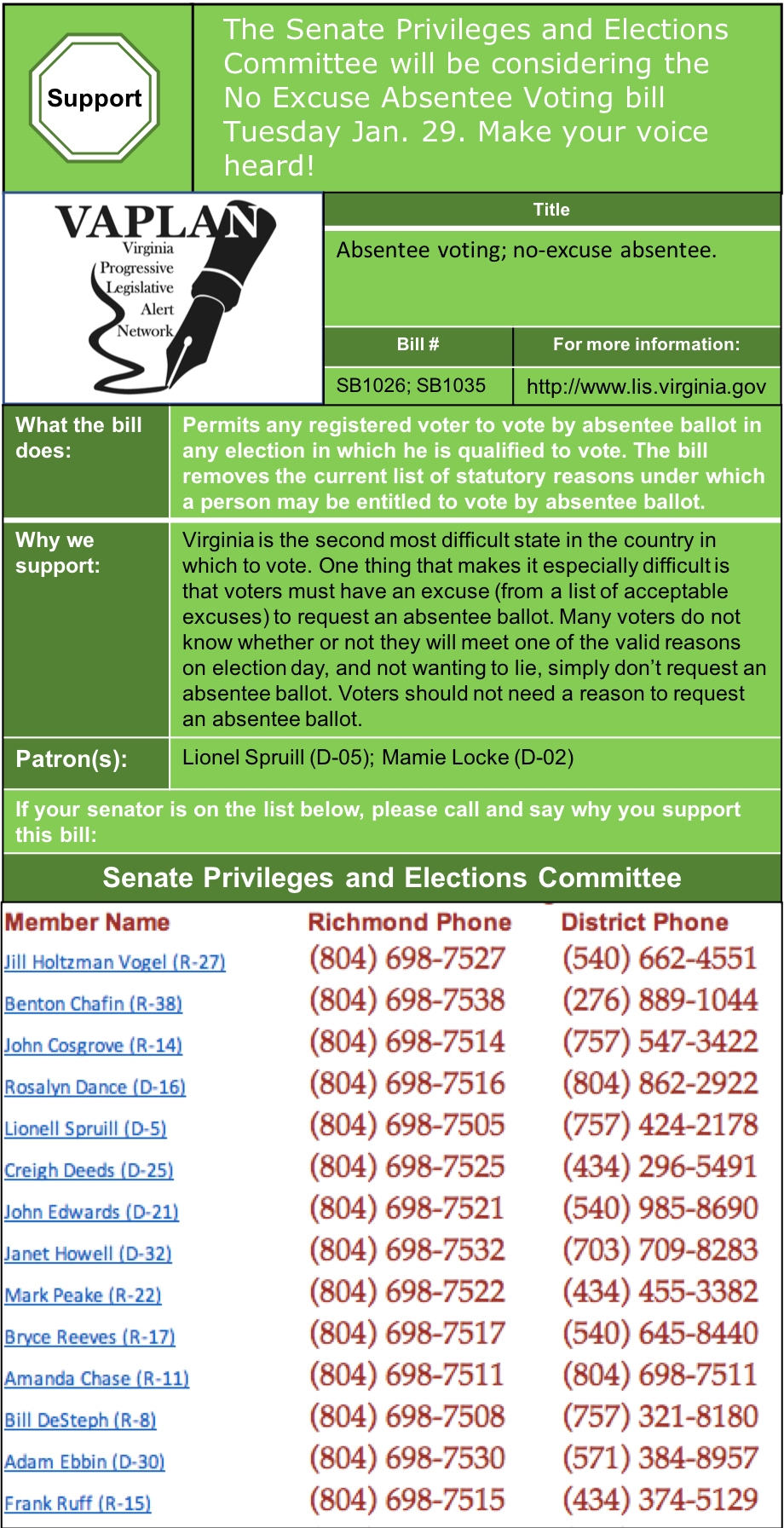 ALERT: Senate Privileges and Elections to hear No-excuse absentee voting Tuesday Jan. 29.